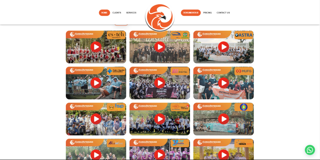 Bagian dokumentasi video pada website Global Outbound, bagian ini dibuat setelah kami menganalisa bahwa membutuhkan bagian untuk meyakinkan calon client akan track record Global Outbound untuk melakukan pengisian form leads -WiseWebster.com