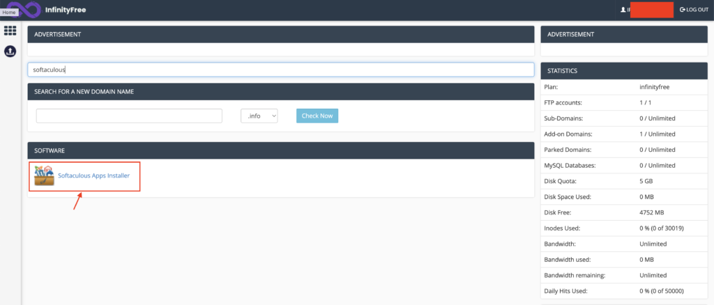 Cari Softaculous di kolom pencarian cPanel dan klik