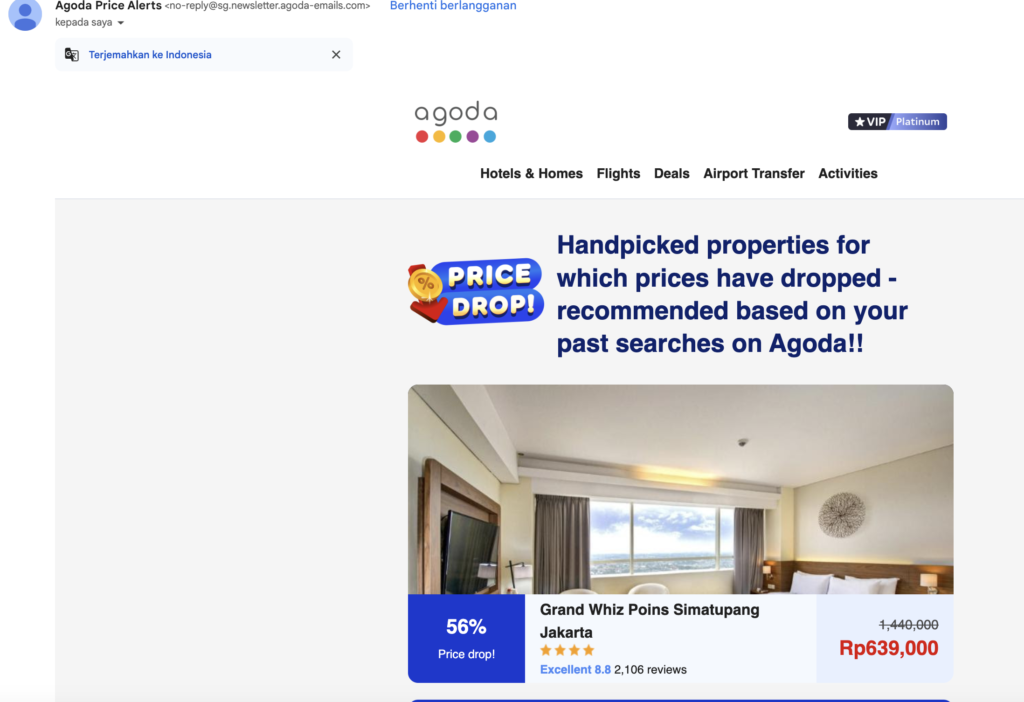 Contoh kampanye yang dipersonalisasi yang dilakukan oleh Agoda Indonesia terhadap owner WiseWebster yang beberapa hari lalu tinggal di sebuah apartment di Jakarta