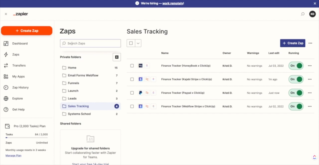 Dashboard Zapier yang menampilkan alur kerja otomatisasi antar aplikasi