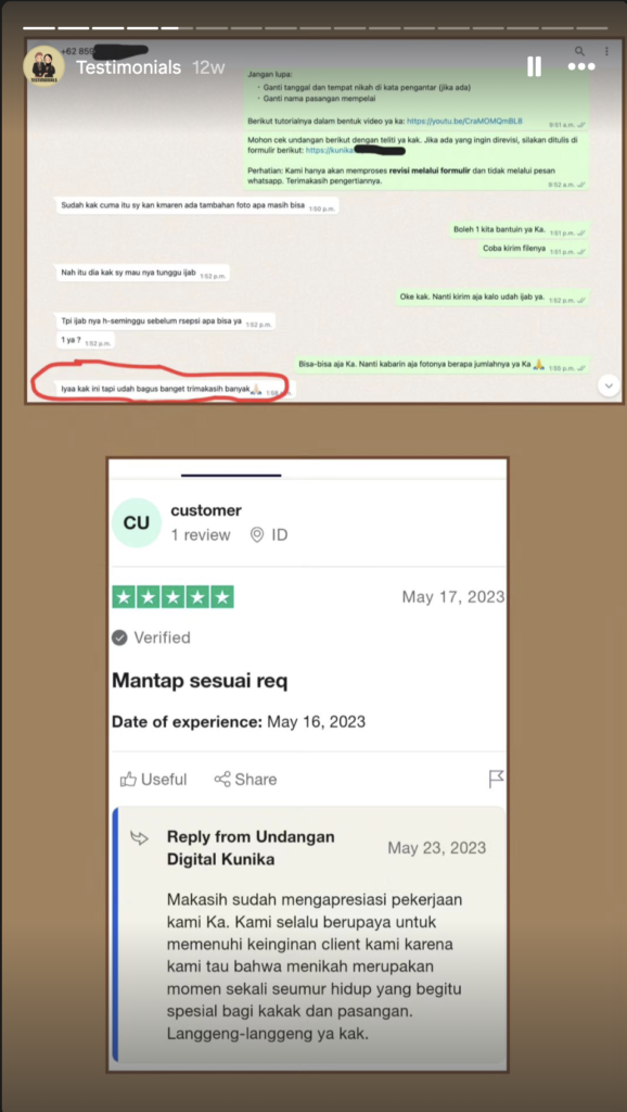 Di Instagram KunikaInvitation terdapat 1 bagian yang secara khusus menunjukkan review dan pendapat pelanggan terhadap pelayanan undangan produk mereka. Hal ini dapat meningkatkan SEO off-page bagi Instagram Kunika Invitation.png