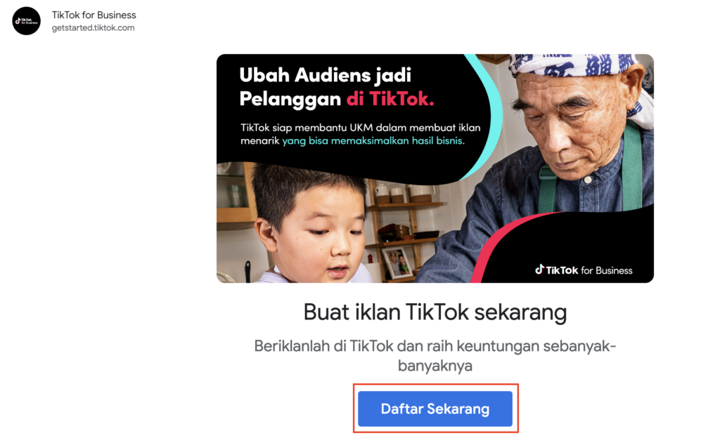 Email Marketing oleh TikTok yang berisi call to action untuk mendaftar sebagai pengiklan di platform mereka