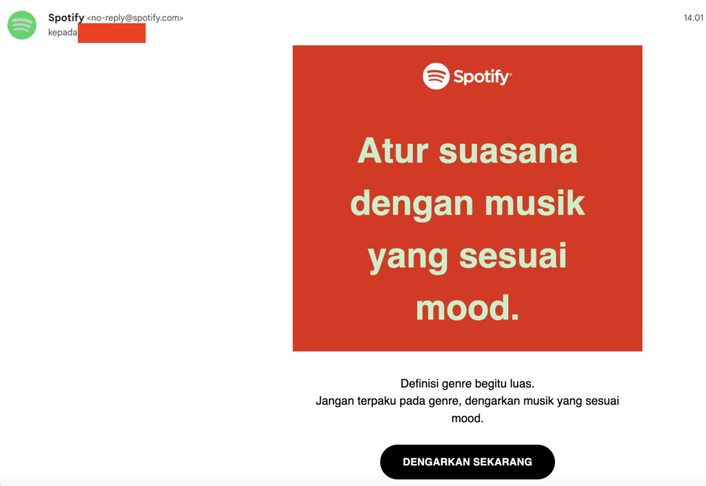 Email Marketing terpersonalisasi oleh spotify ke email penulis karena penulis suka mendengarkan musik