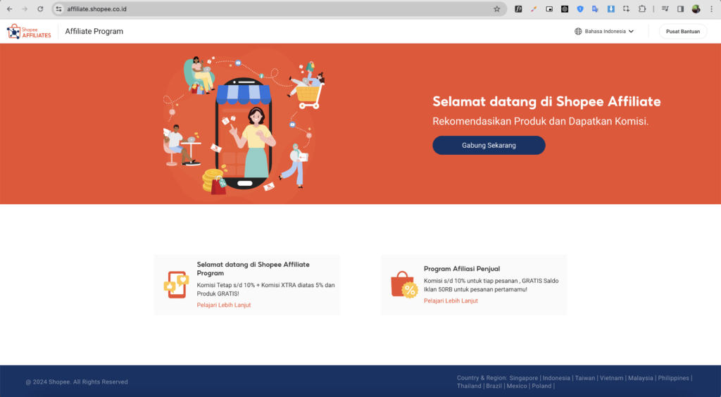 Halaman beranda Shopee Affiliate - salah satu penerapan metode affiliate marketing oleh Shopee
