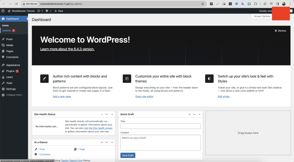 Halaman dashboard website untuk kustomisasi