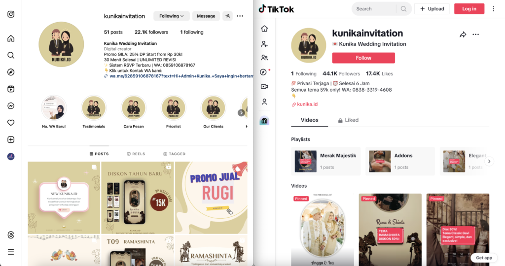 Halaman sosial media Kunika Invitation sangat membantu meningkatkan berbagai aspek marketing dari brand undangan website Kunika Invitation