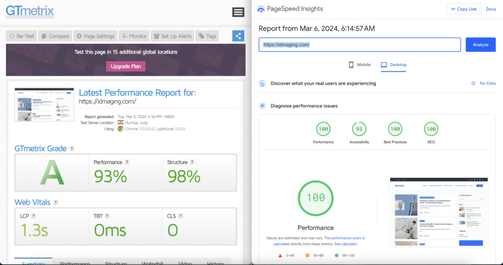 Hasil Analisis GT Metrix dan Google Page Speed salah satu website anak usaha kami idmaging.com