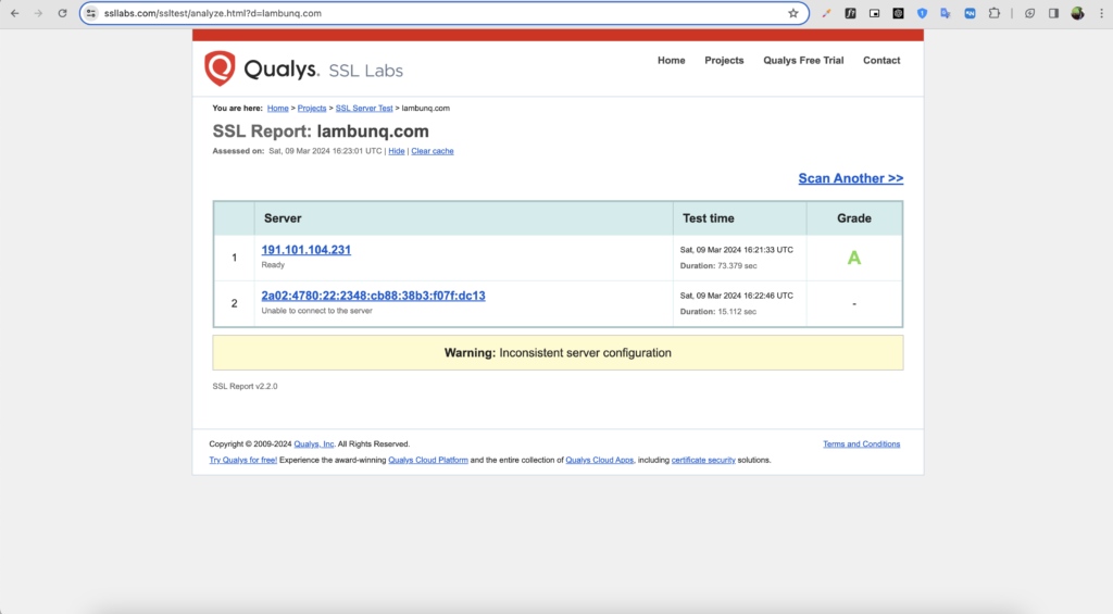 Hasil Evaluasi Cek Keamanan Website SSL Labs SSL Test untuk Website Lambunq.com milik WiseWebster