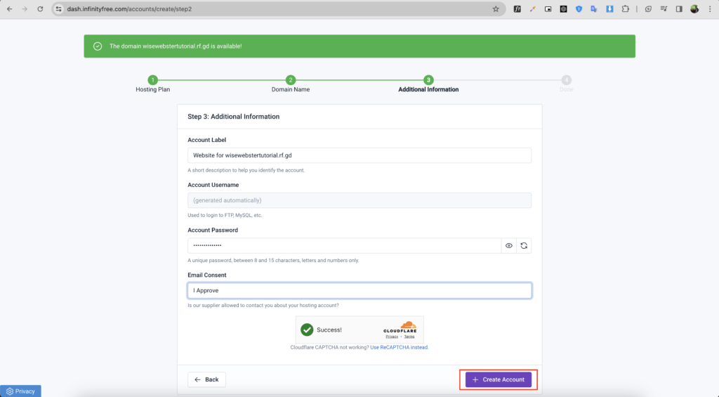 Isi informasi tambahan dan klik create account untuk memunculkan username akun hosting untuk kebutuhan login