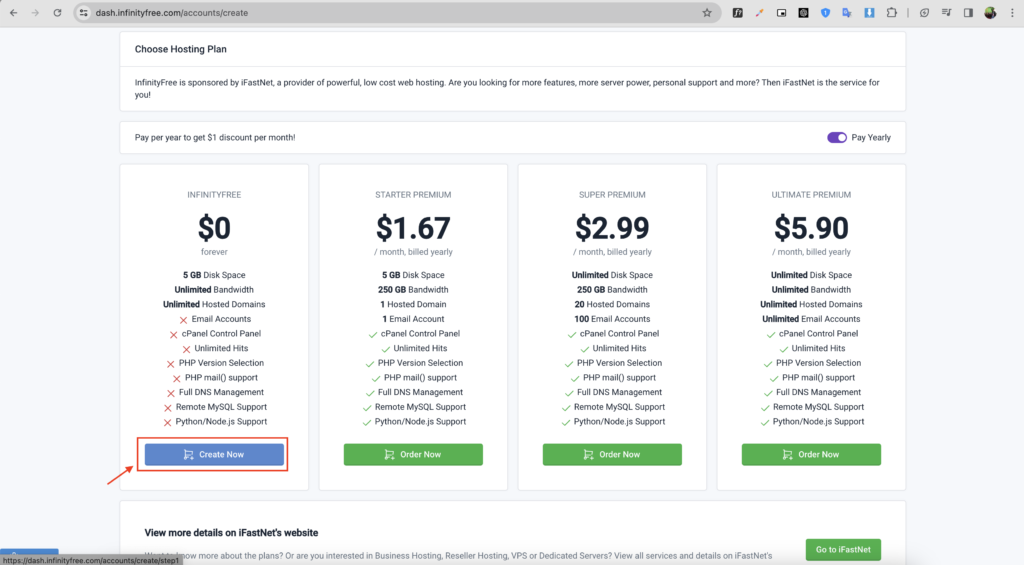 Klik Create now pada paket hosting gratis infinity free