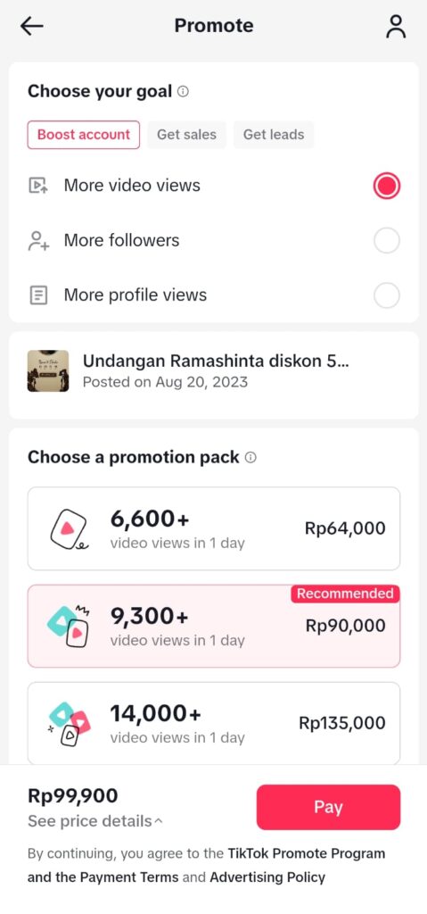 Opsi Promote TikTok terbukti efektif pada undangan digital Ramashinta untuk mendatangkan konversi