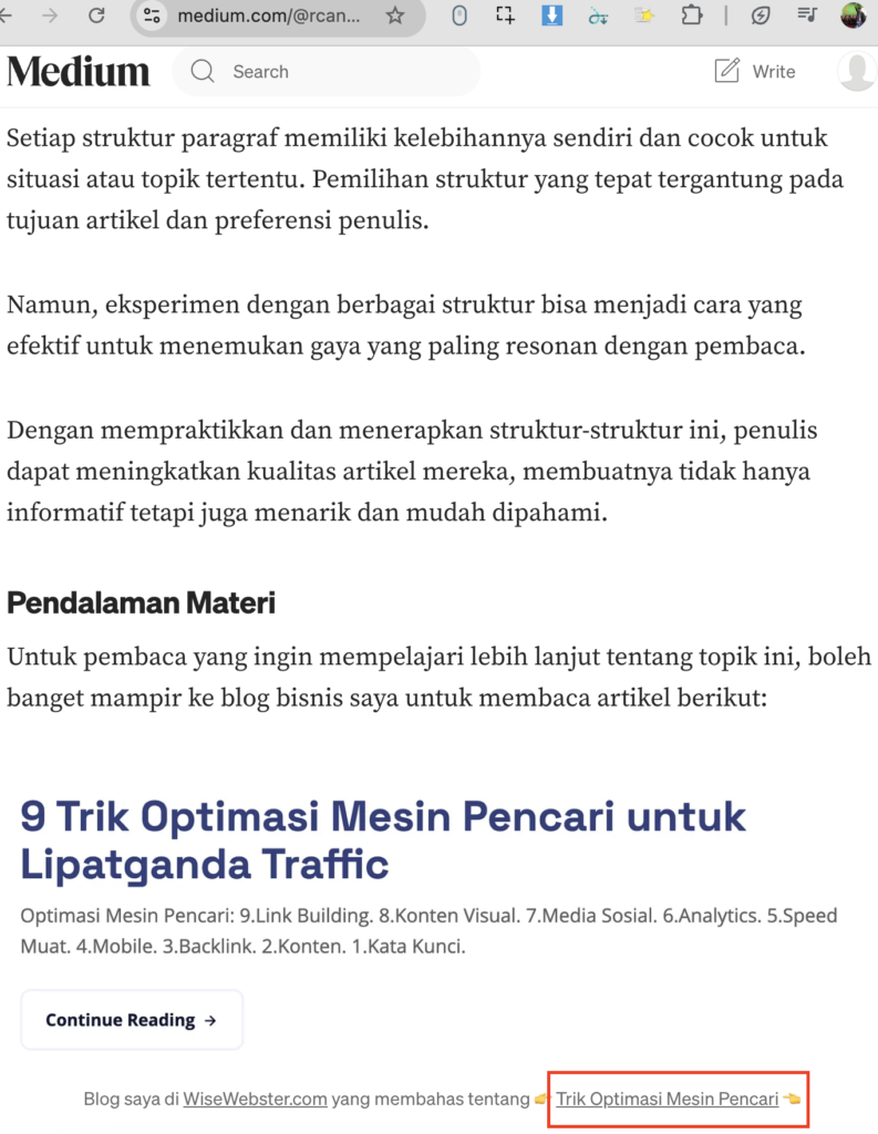 Penerapan backlink blog dari medium yang diarahkan ke WiseWebster