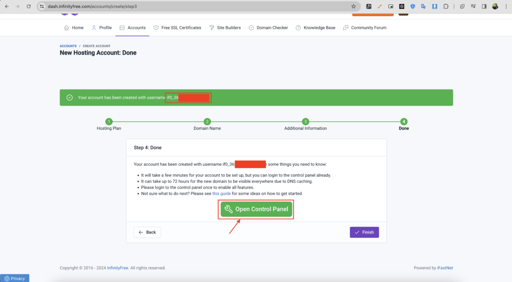 Setelah muncul username, simpan, dan klik buka control panel untuk masuk ke halaman control panel hosting dan domain yang sudah dibuat
