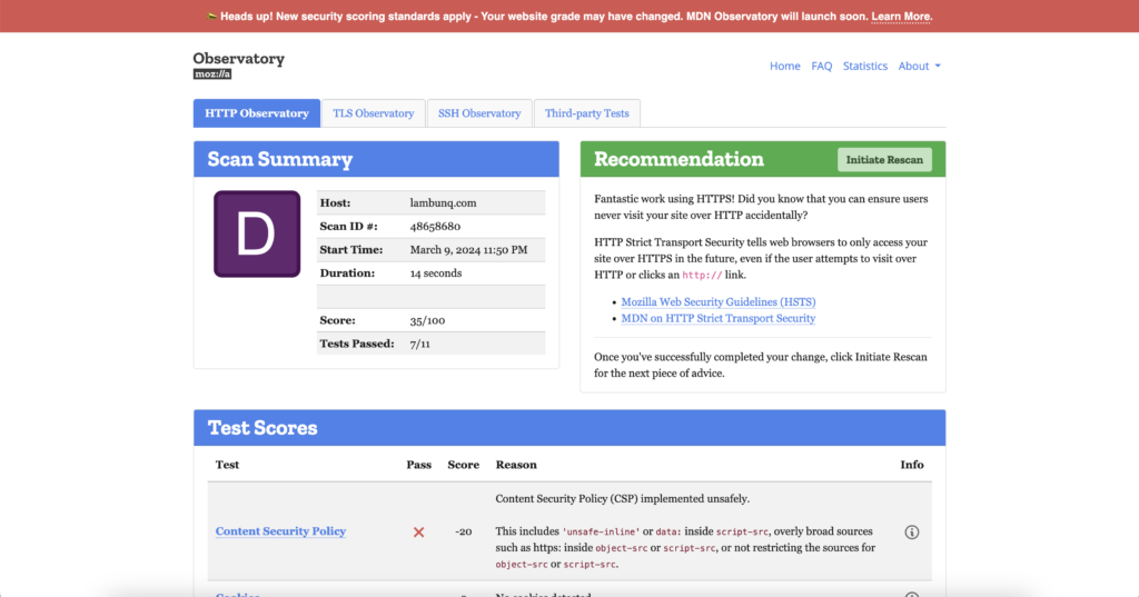 Snapshot dari hasil scan Mozilla Observatory untuk cek keamanan website lambunq.com, menunjukkan skor keamanan, evaluasi detail, dan rekomendasi perbaikan