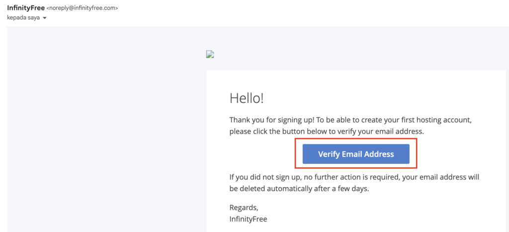 Tampilan email verifikasi email setelah registrasi InfinityFree