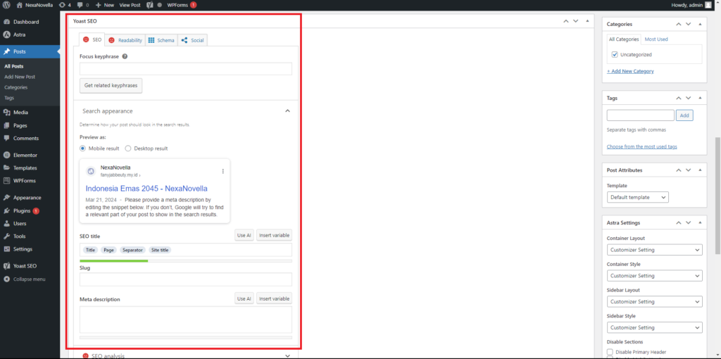 Tangkapan layar Yoast SEO pada WordPress Menunjukkan fitur analisis SEO dan keterbacaan untuk meningkatkan optimasi konten - WiseWebster