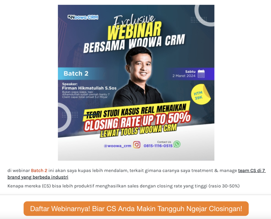 WooWa CRM secara aktif mengadakan webinar untuk mengedukasi para pengguna software mereka - hal ini dapat membantu SEO off page