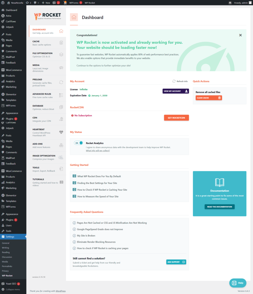 Dashboard WP Rocket meningkatkan kecepatan muat halaman website
