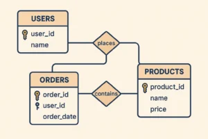 Contoh ER Diagram sederhana dengan entitas pengguna, produk, dan pesanan
