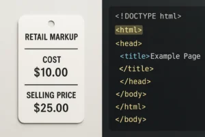 Contoh nyata markup harga dan markup kode HTML dalam dua konteks berbeda