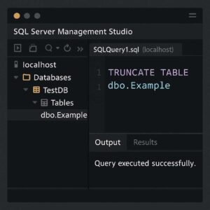 Contoh penggunaan perintah TRUNCATE di SQL Server Management Studio untuk membersihkan tabel produk