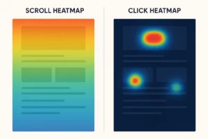 Contoh perbandingan antara scroll heatmap dan click heatmap pada halaman website