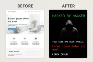 Contoh perbandingan tampilan website normal dan setelah terkena deface
