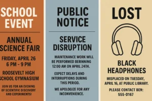 Contoh visual berbagai jenis iklan pemberitahuan untuk publik dan kegiatan resmi