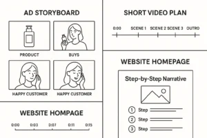 Contoh visual berbagai jenis storyline iklan, video, dan website