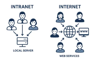 Diagram jaringan yang membandingkan penggunaan intranet lokal dan akses internet global