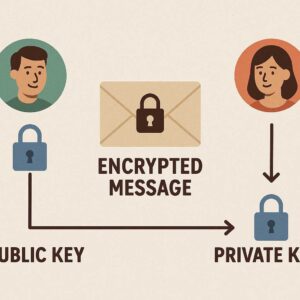 Enkripsi asimetris menggunakan dua kunci berbeda agar komunikasi tetap aman dan hanya bisa dibaca oleh penerima yang sah