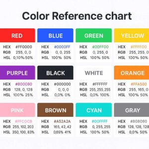 Gambar referensi warna beserta kode HEX, RGB, dan HSL-nya untuk mempermudah saat mendesain