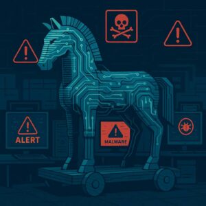 Ilustrasi Trojan Horse digital yang menyusup dalam sistem komputer