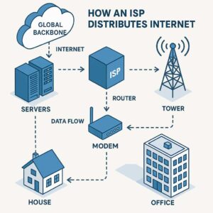 Ilustrasi alur kerja ISP dari backbone global hingga ke rumah WiseSob