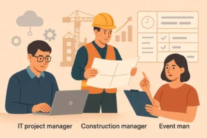 Ilustrasi beragam jenis project manager dari sektor teknologi, konstruksi, dan event dengan tanggung jawab yang berbeda