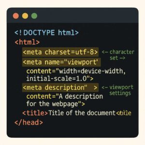 Ilustrasi penempatan tag meta di bagian head dokumen HTML dan penjelasan singkat fungsinya