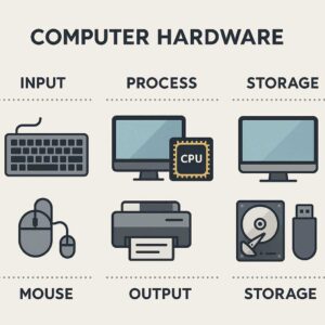 Infografik jenis-jenis perangkat keras berdasarkan fungsinya input, proses, output, dan penyimpanan