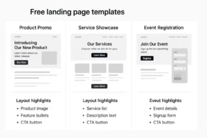 Perbandingan 3 template landing page gratis produk, jasa, dan event