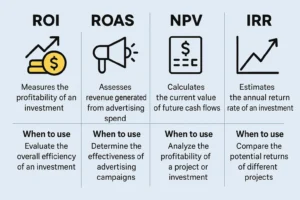 Perbandingan beberapa metrik analisis investasi seperti ROI, ROAS, dan NPV