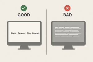 Perbandingan desain footer yang optimal dan yang membingungkan