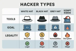 Perbandingan jenis-jenis hacker berdasarkan tujuan, metode, dan legalitasnya