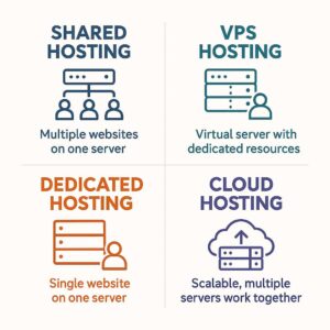 Perbandingan jenis web hosting shared, VPS, dedicated, dan cloud, masing-masing punya kelebihan sesuai kebutuhan