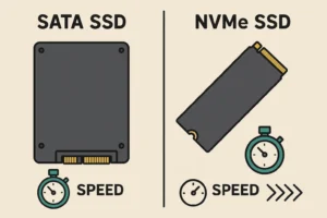 Perbandingan visual antara SSD SATA dan SSD NVMe dari segi ukuran dan kecepatan