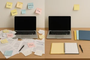 Perbandingan visual antara ruang kerja yang berantakan dan ruang kerja yang terorganisir dan fokus