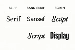 Perbandingan visual empat jenis font serif, sans-serif, script, dan display