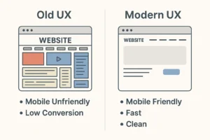 Perbandingan website lama yang tidak efisien dengan hasil redesign yang modern dan optimal