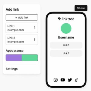 Tampilan dashboard Linktree saat menambahkan link dan mengganti desain