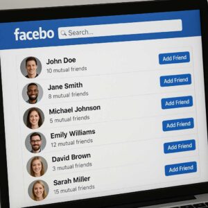 Tampilan hasil pencarian nama di Facebook versi desktop, mempermudah proses identifikasi akun