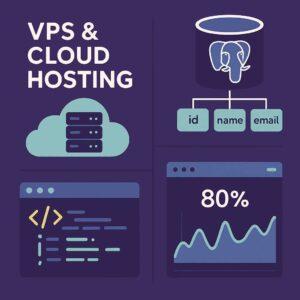 Tampilan pengelolaan PostgreSQL melalui dashboard VPS dan cloud hosting modern dengan visualisasi beban server dan akses data real time