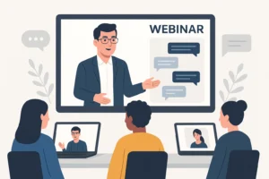 Tampilan umum webinar pembicara di layar, peserta aktif via live chat